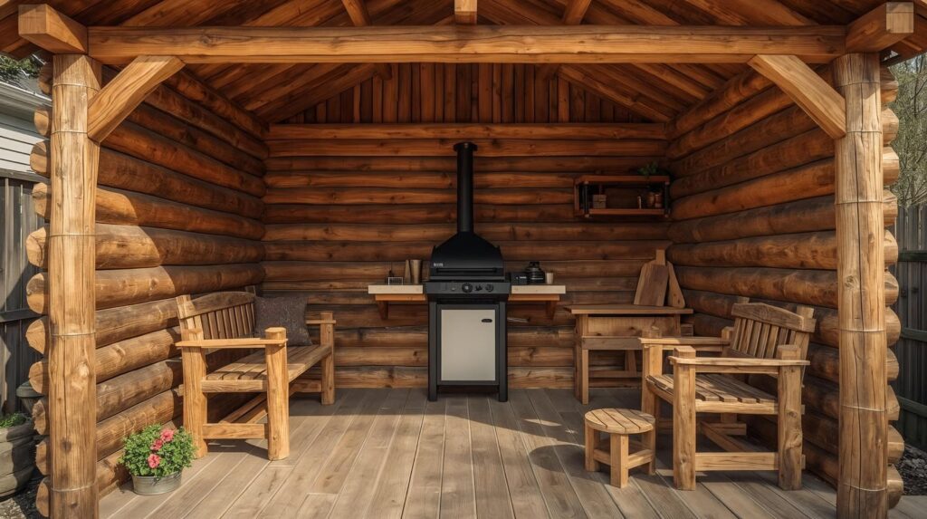 farönkből készült kerti szaletli, aranybarna, fa bútorokkal berendezve, kis grillel berendezve