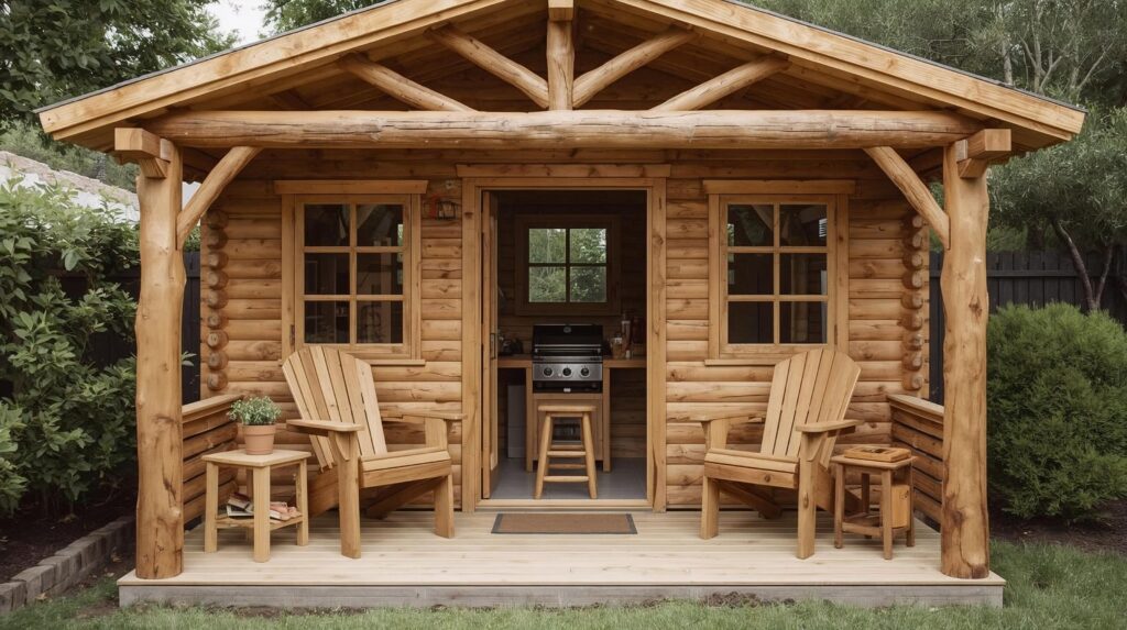 farönkből készült kerti szaletli, aranybarna, fa bútorokkal berendezve, kis grillel berendezve (3)