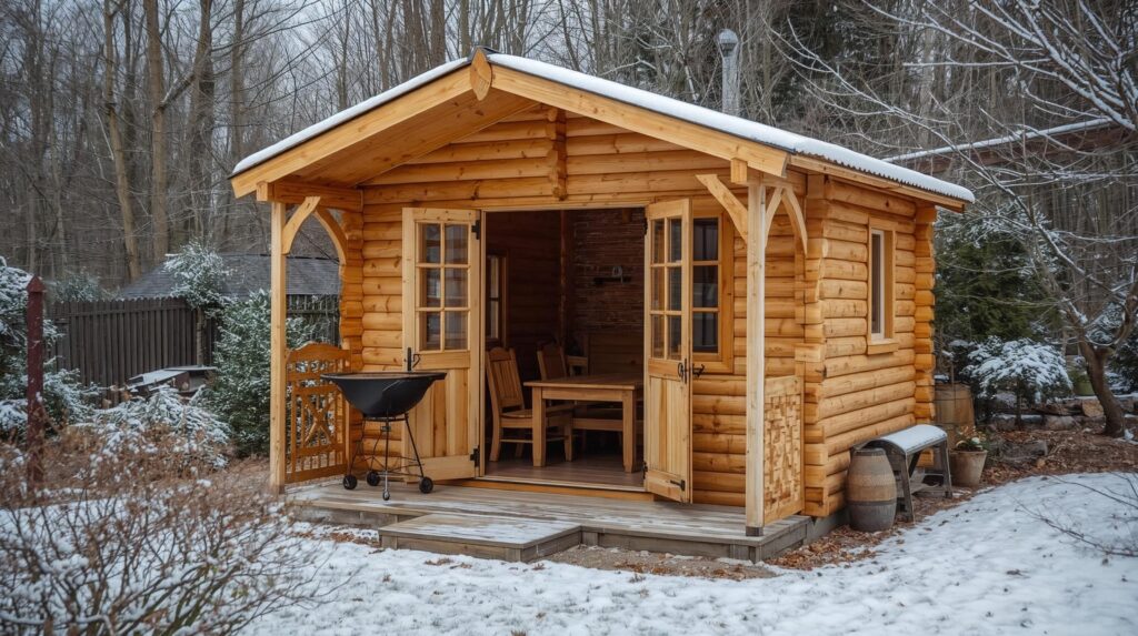 farönkből készült kerti szaletli, aranybarna, fa bútorokkal berendezve, kis grillel berendezve, téli környezetben (2)